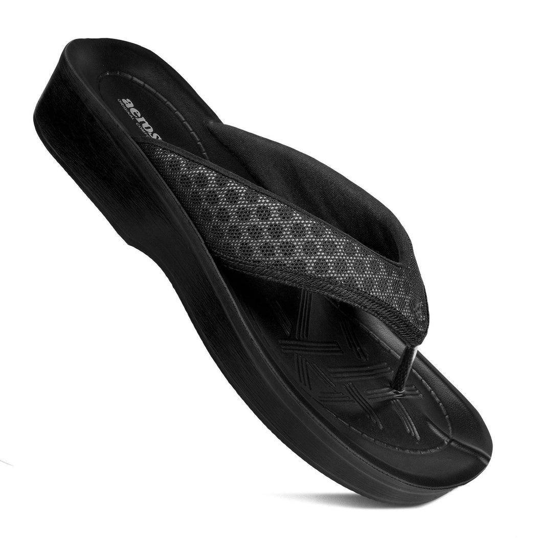 Aerosoft - Women Black Chameleon A08C5 thong strap flip flops